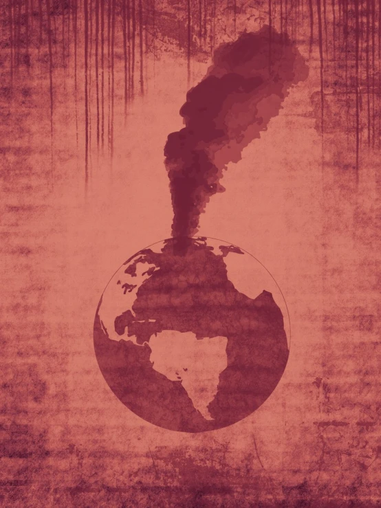 a smokey piece of artwork that appears to have a red background and a picture of a smokey earth is shown