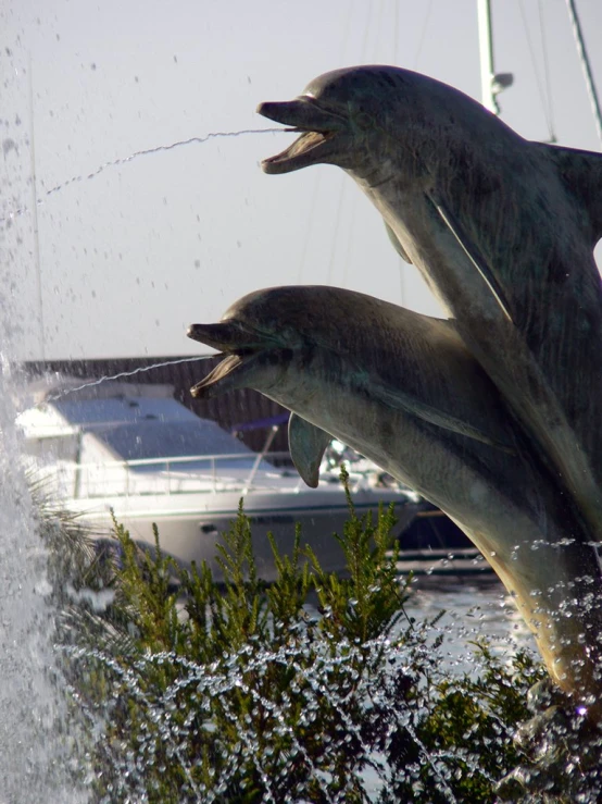 two statues of dolphins swimming near the water