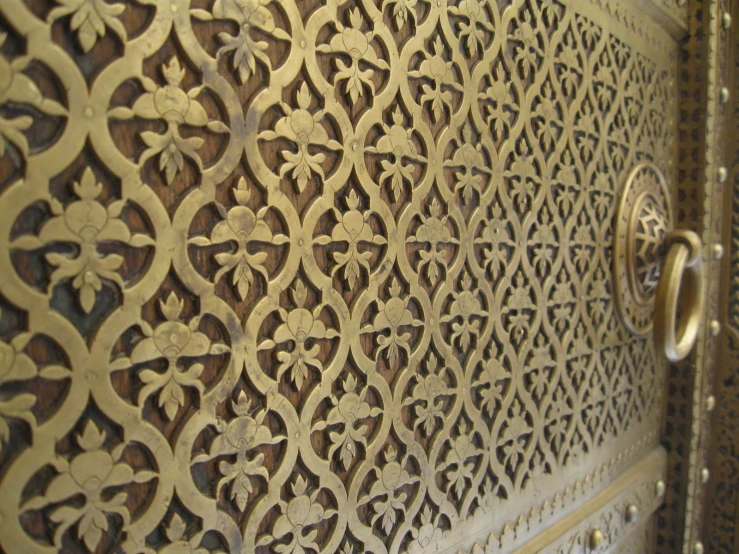 a decorative door with metal carvings in a building