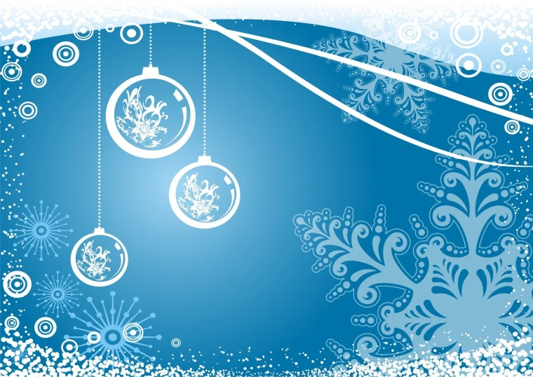 a blue background with ornaments and snow flakes