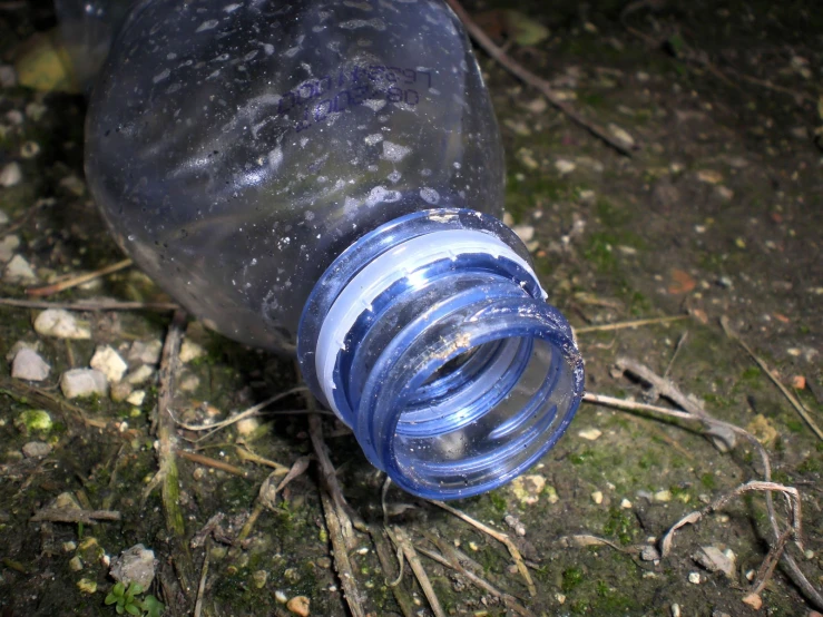 an empty bottle is laying in the ground