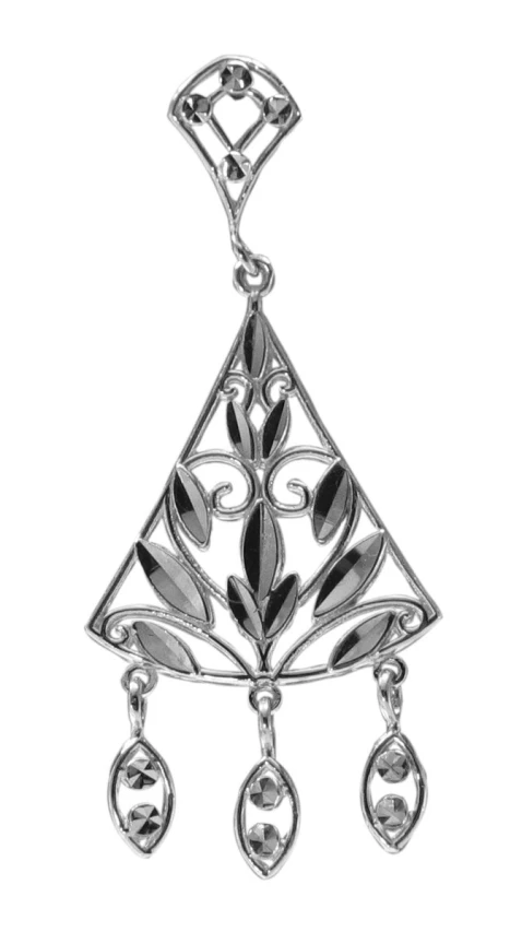 a silver tone necklace with an ornate triangle hanging from the side