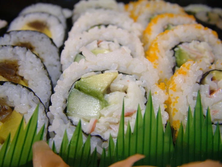 sushi sits on a plate with two slices cut into triangles