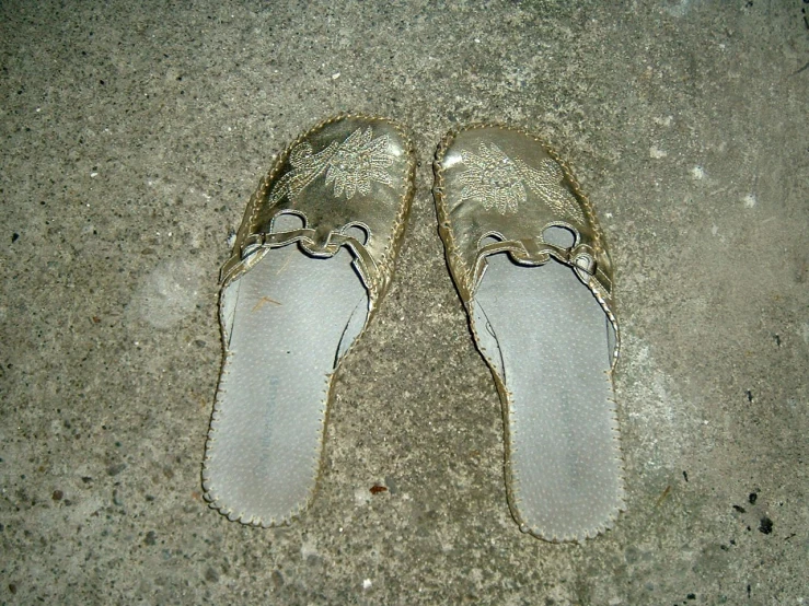a pair of metallic shoes standing in the sand