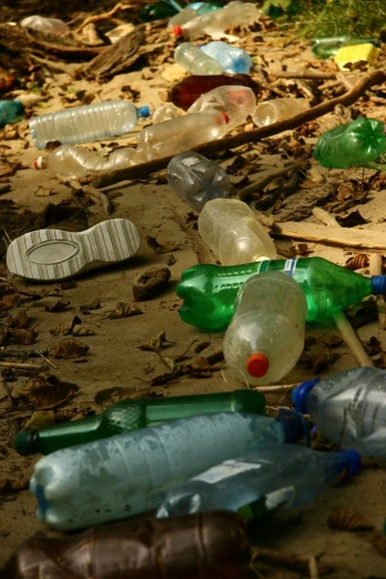 a bunch of broken glass bottles sitting on the ground
