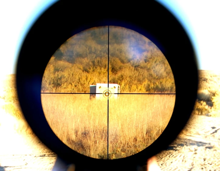 a rifle scope looking through at a field with trees in the distance
