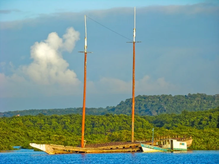 an old pirate ship is seen in the ocean near a green forest