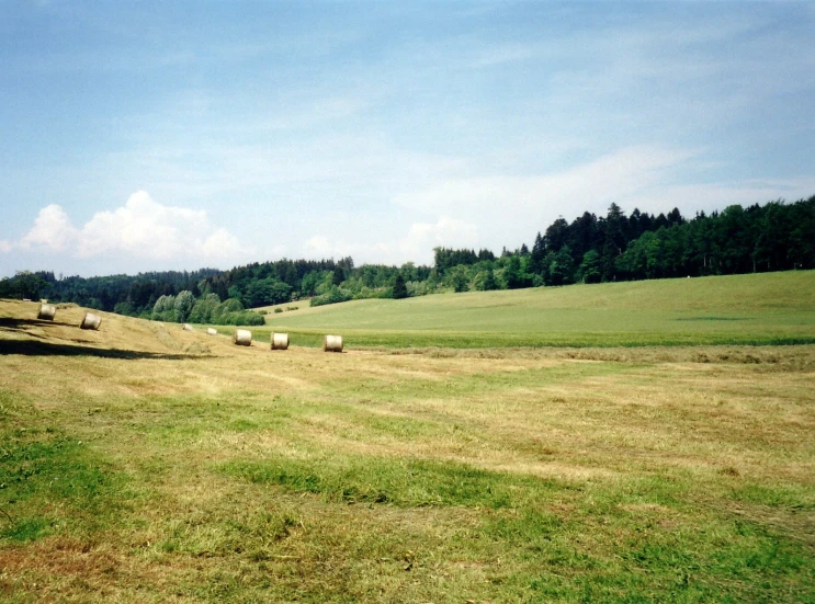 hay bales are arranged around in the field