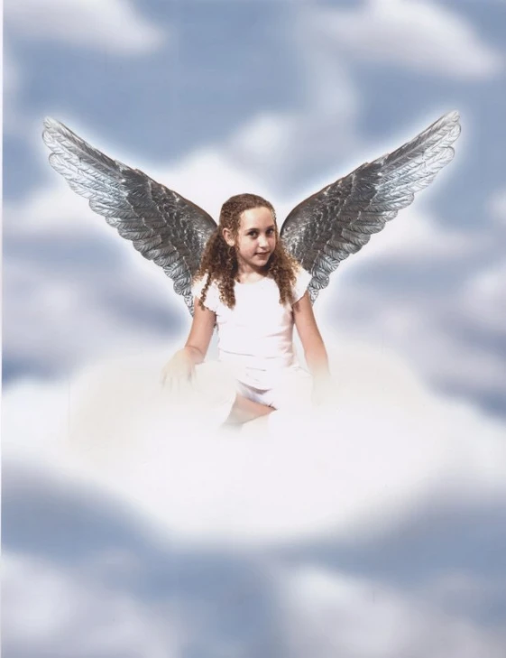 a girl with wings standing on a cloud