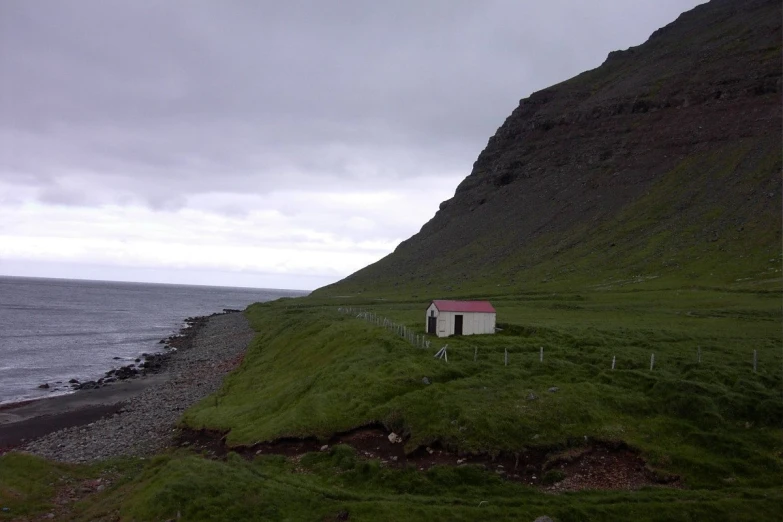 a grassy hill near the ocean on a cloudy day