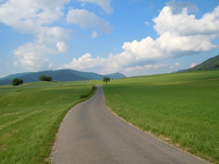 a lone road runs through an empty grassy area