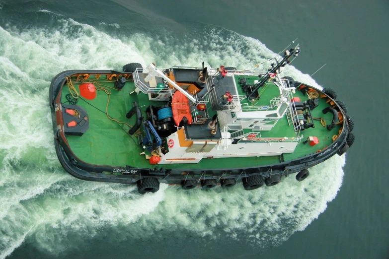 an overhead view of a small ferry boat