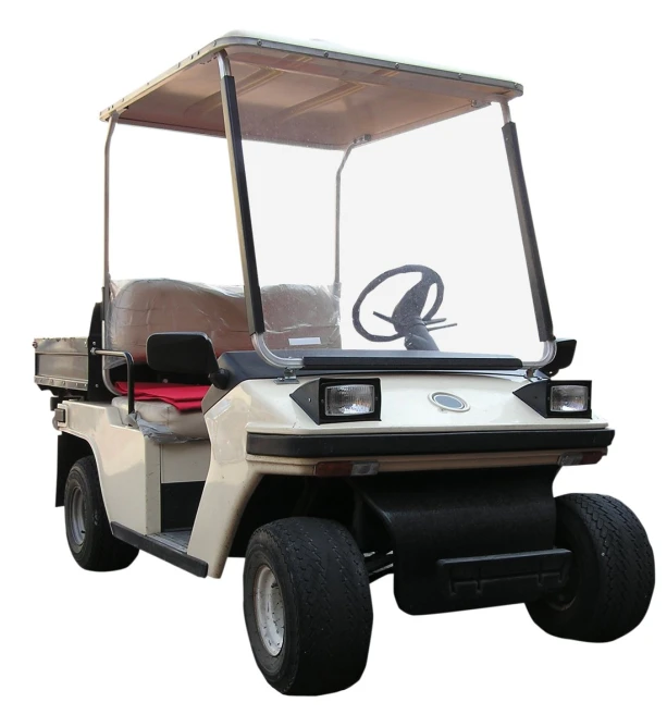 a golf cart with two seats and a windshield