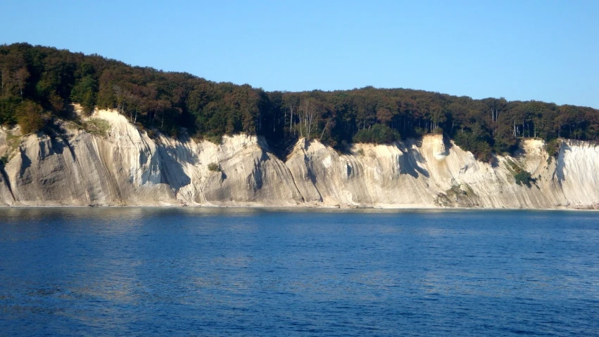 a lake with trees and a white cliff behind it