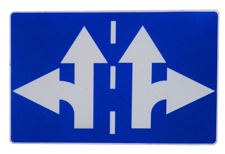 two blue arrows pointing in opposite directions are on this sign