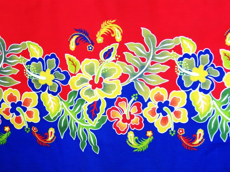 a painting shows a bright blue background with colorful flowers and leaves