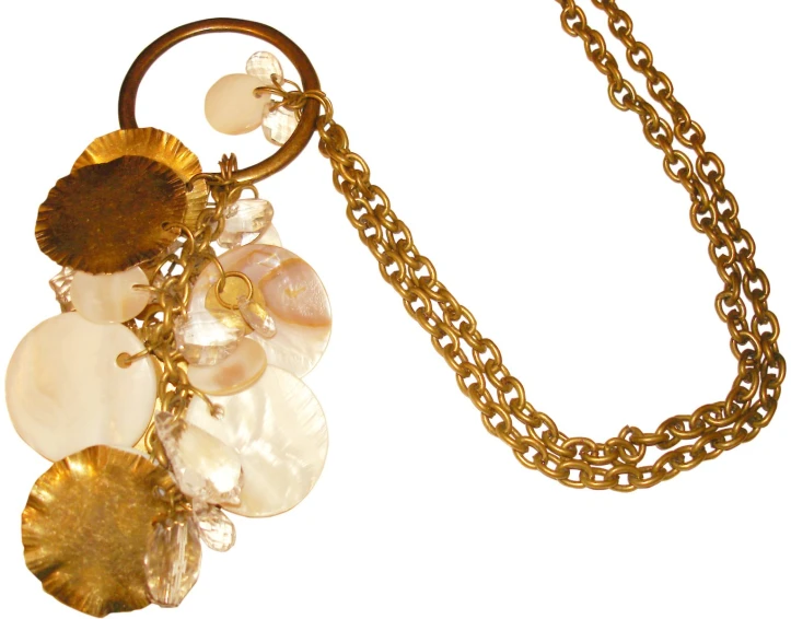 a gold chain with different types of shell charms