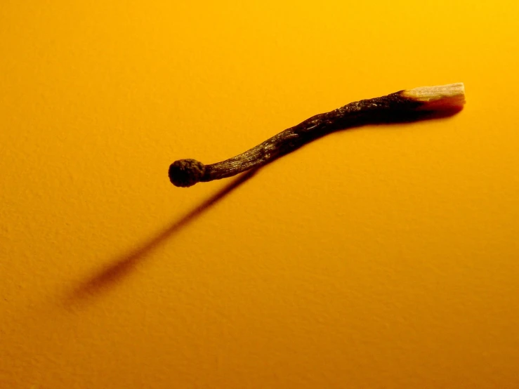 a long stick of black material against a yellow wall