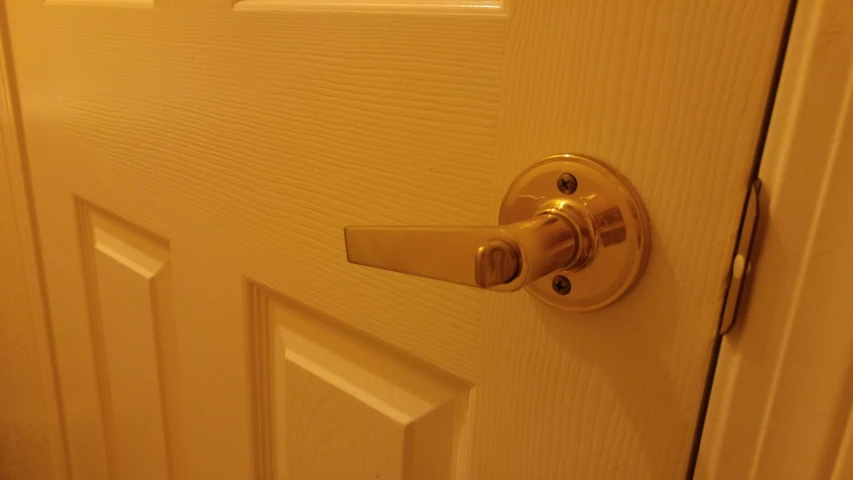 a closed door handle and s on a large white door