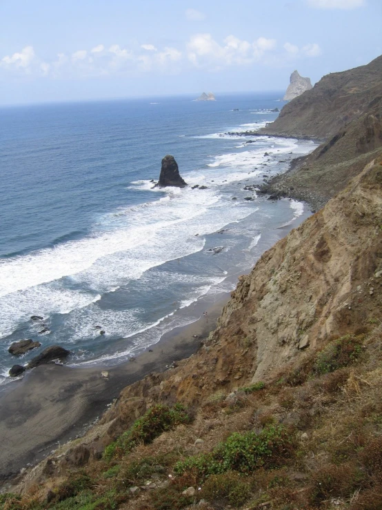 the shoreline of a cliff by the ocean