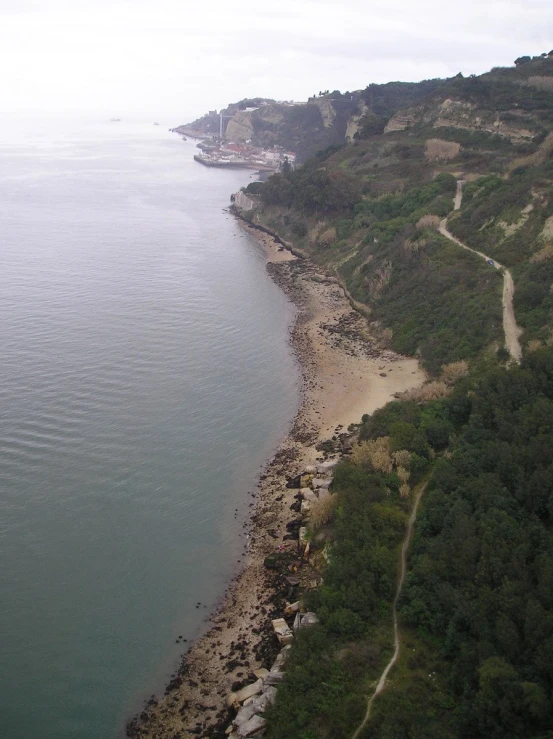 a road cuts through the ocean next to trees