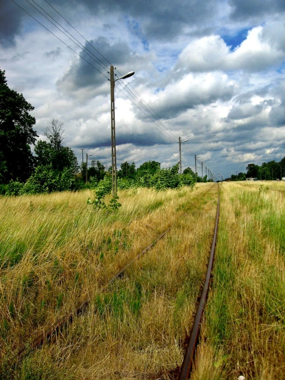 a train track leading to some trees on a cloudy day