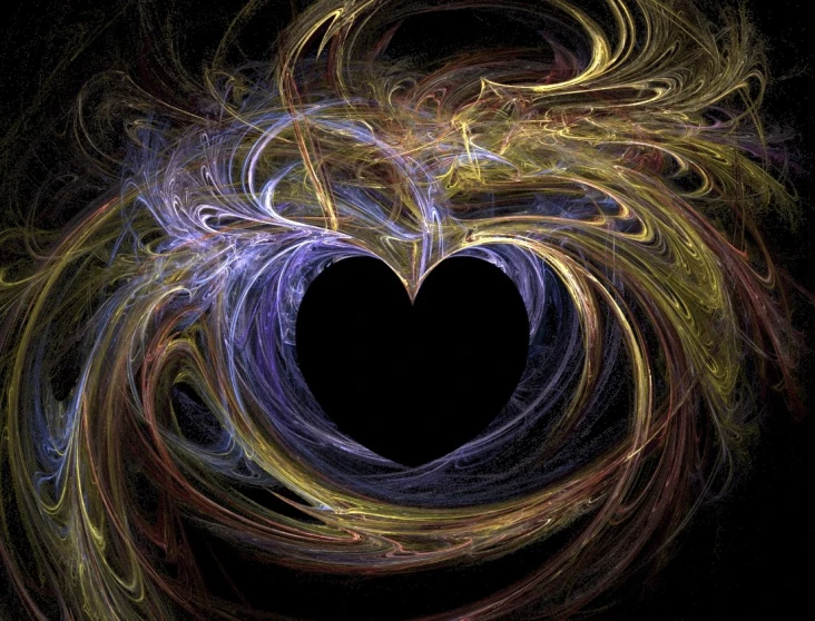 colorful swirls on a black background with the shape of a heart