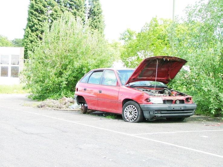 a red car in the middle of an overgrown area, it has its hood open