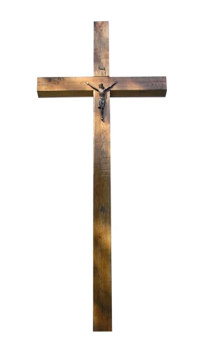 an oak wooden cross with a metal base