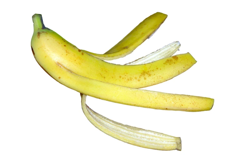 two bananas cut in half on a white surface