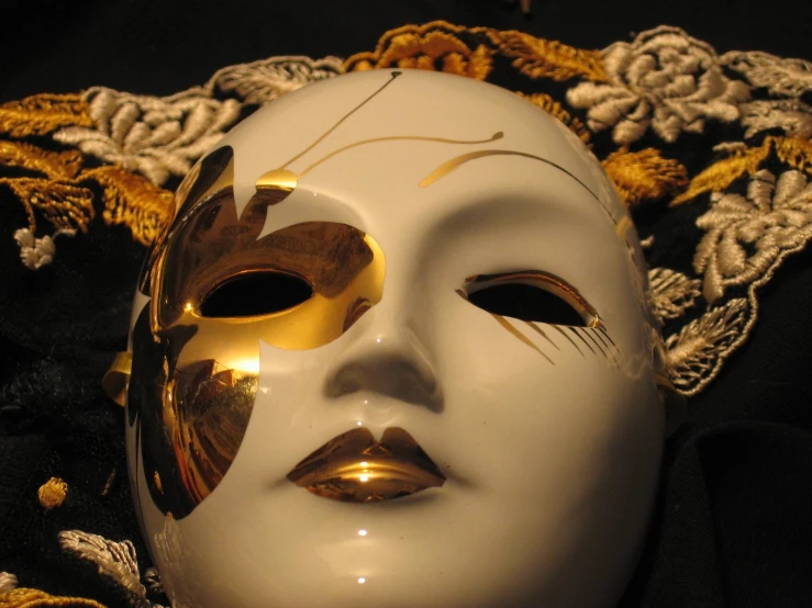 close up of a masquerade mask with a black background