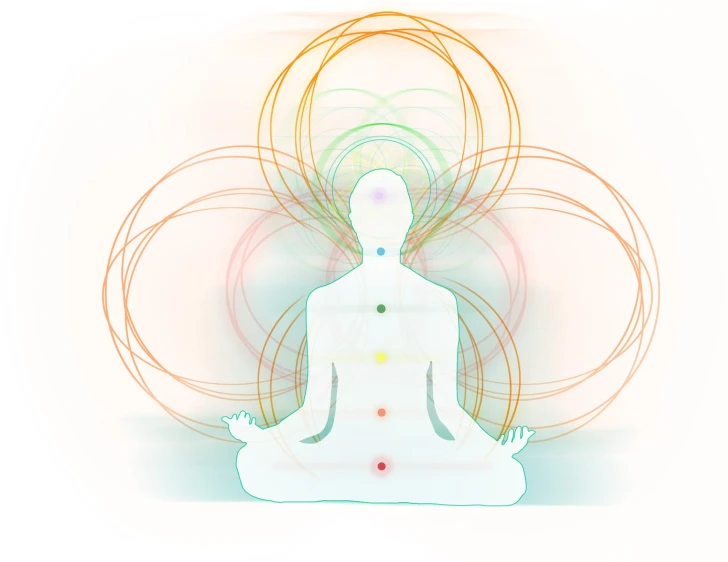 the image shows a silhouette of a person meditating with yoga symbols around him