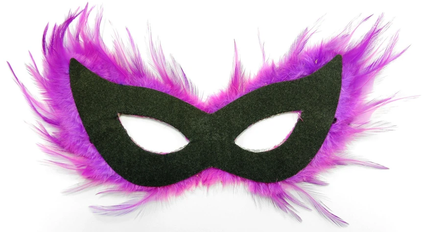 a mask is shown with purple feathers