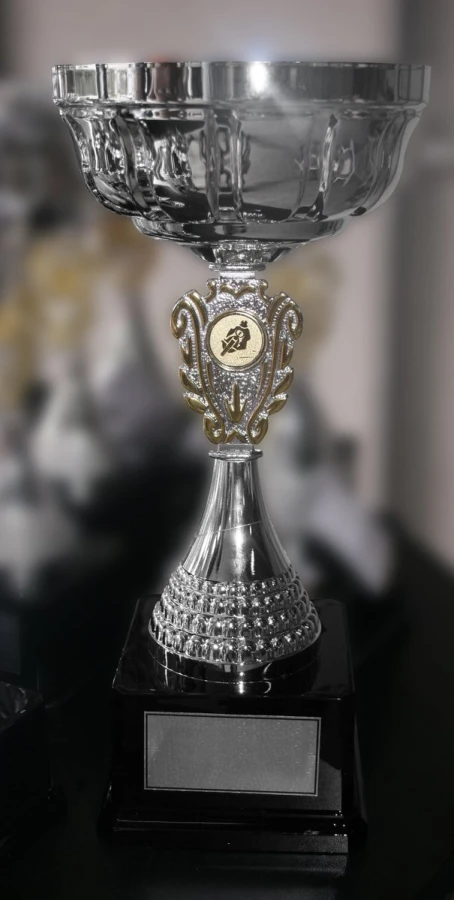 a crystal trophy is on a black table