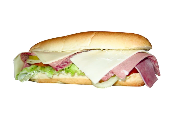 the sub sandwich is covered with meat, lettuce and cheese