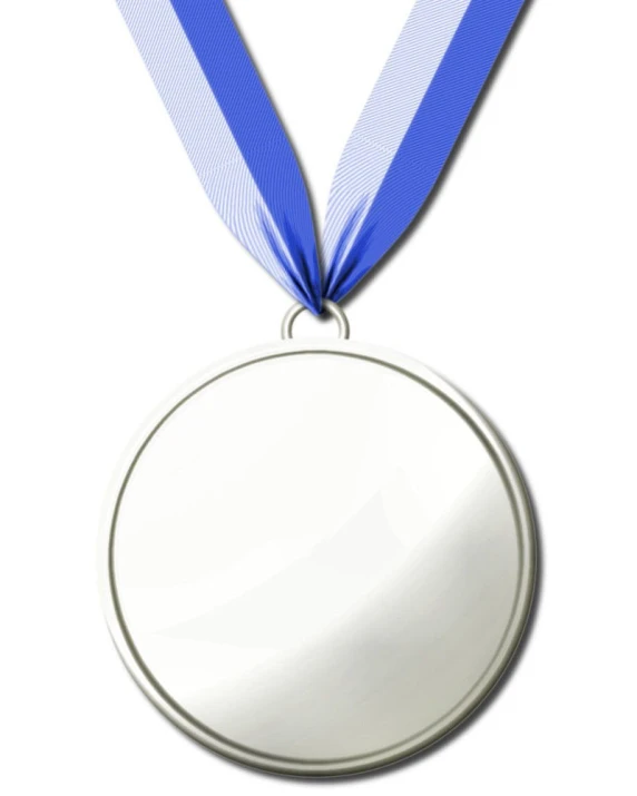 an award medal with a blue ribbon around the bottom