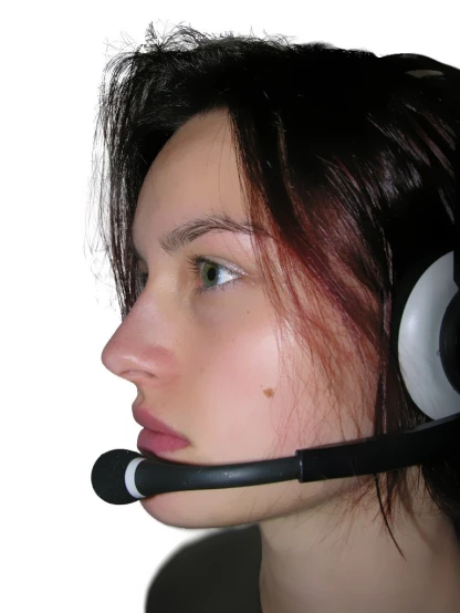 a woman wearing a headset to hear someone