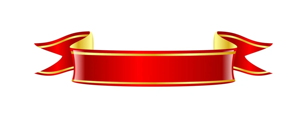 a red ribbon with gold trim