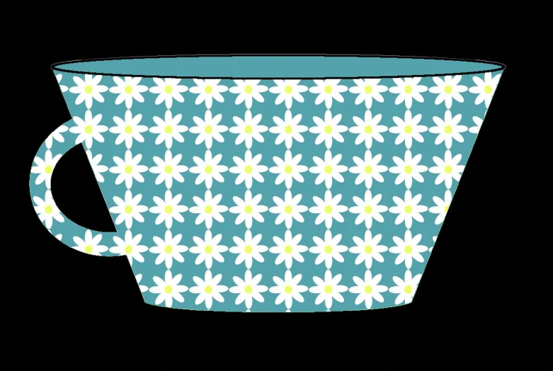 a blue cup with white and yellow flowers on it