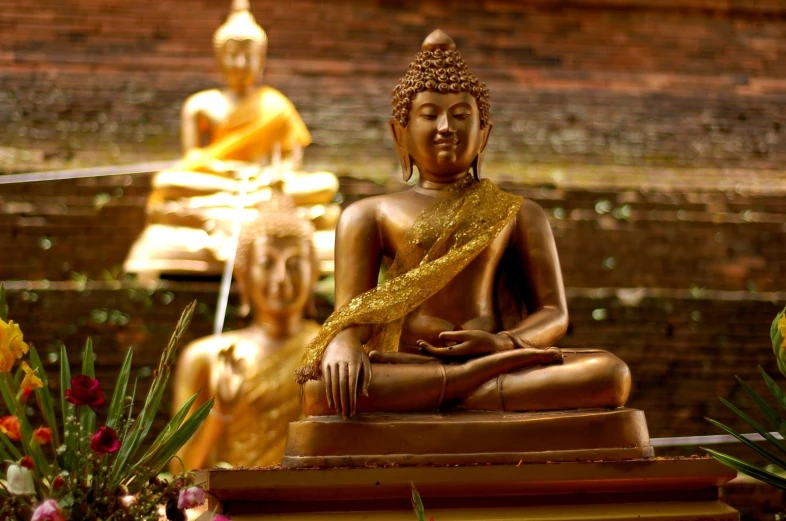 the buddhas in a garden are gold colored