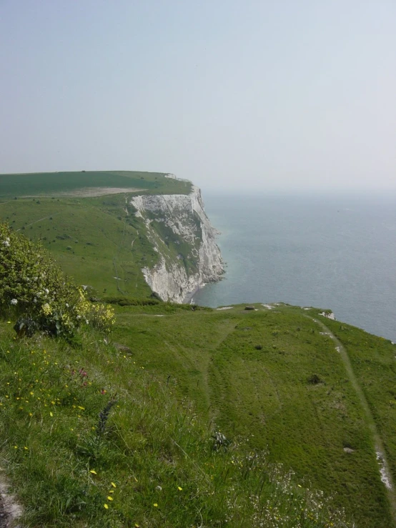 a grassy, cliff like area next to the ocean with the edge of a long cliff stretching into the sea