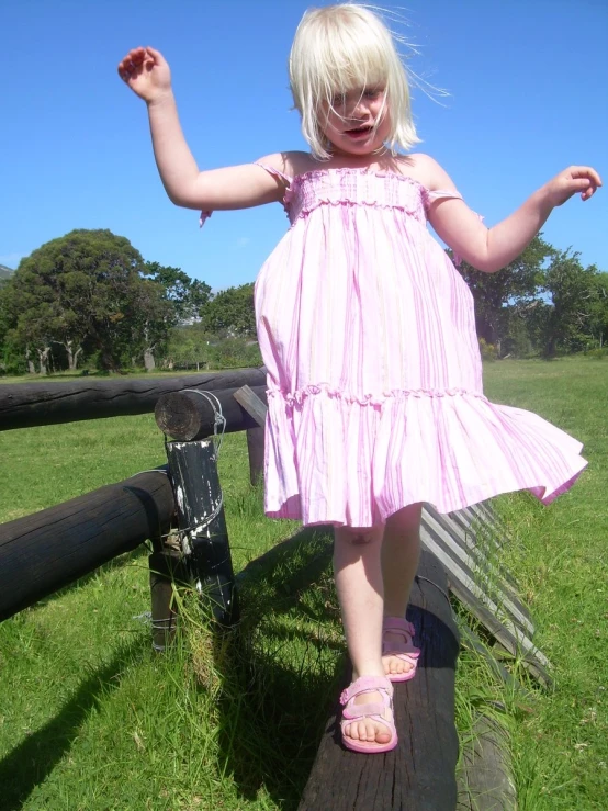 a  in a pink dress standing on top of a fence