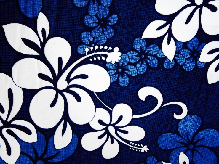 blue and white floral designs on black fabric