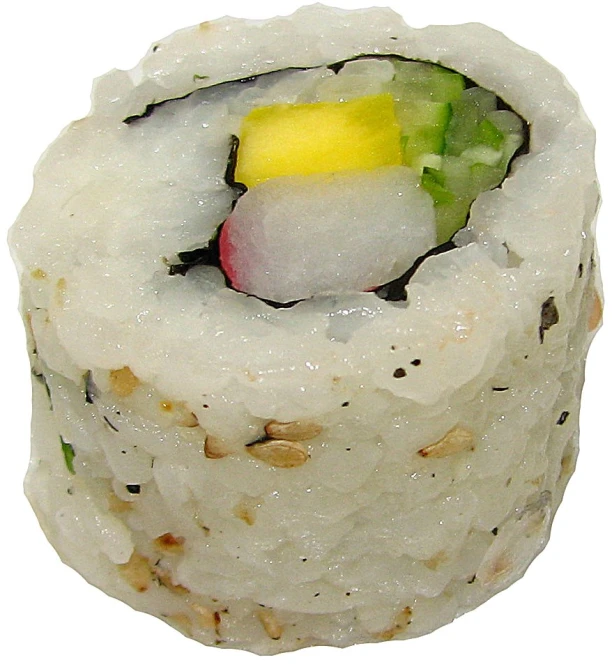 a white sushi with small slices of cheese on top