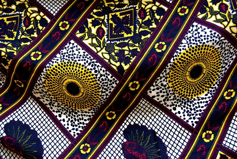 an old, colorful tie with black and yellow designs