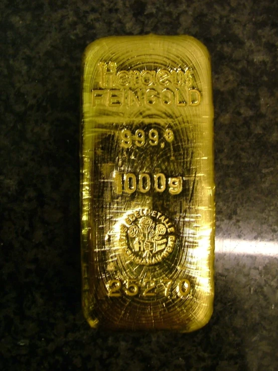 a gold bar on a counter top