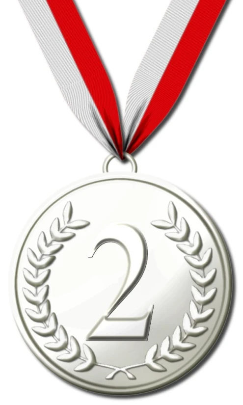 a silver medal with the number two on it