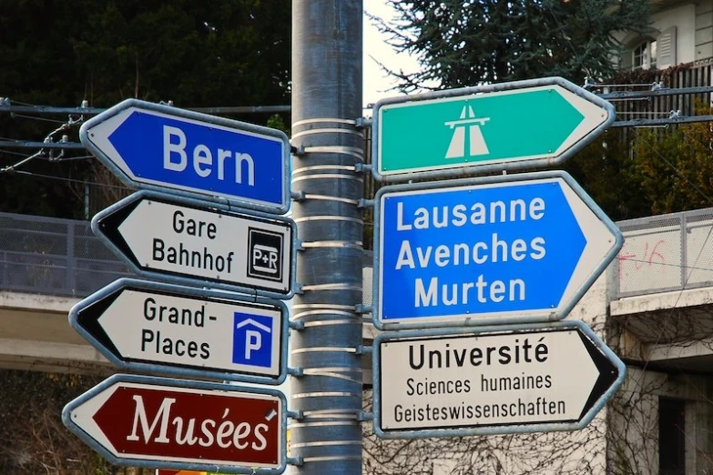 several signs are on the pole in front of a building