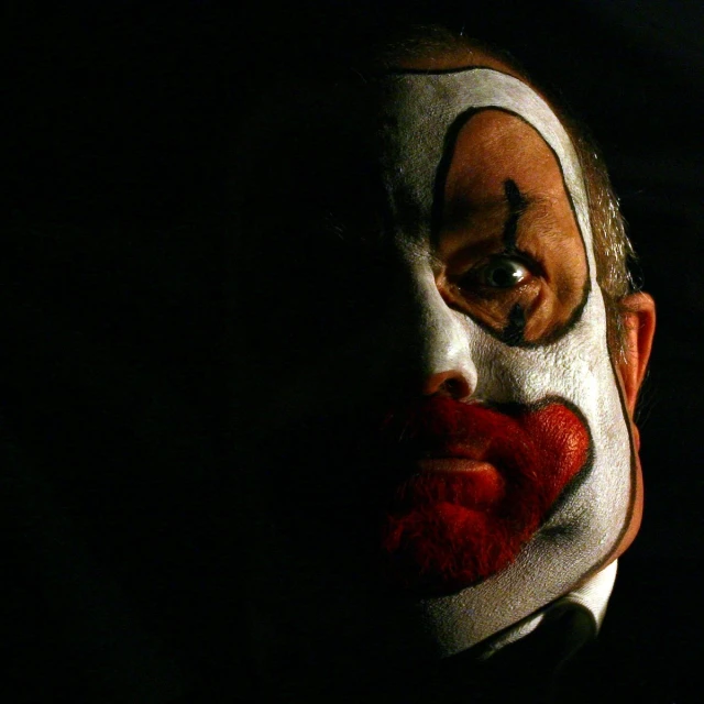 man with a clown face painted in black and white