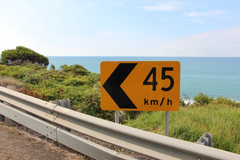 a yellow sign that is by the water